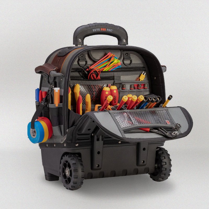 Veto Pro Pac TECH LC Wheeler Tool Bag – Large Wheeled HVAC Tech Bag with 64 Pockets, V-SWAP™ Panels, Pull Handle & Waterproof Base (320x430x480mm)