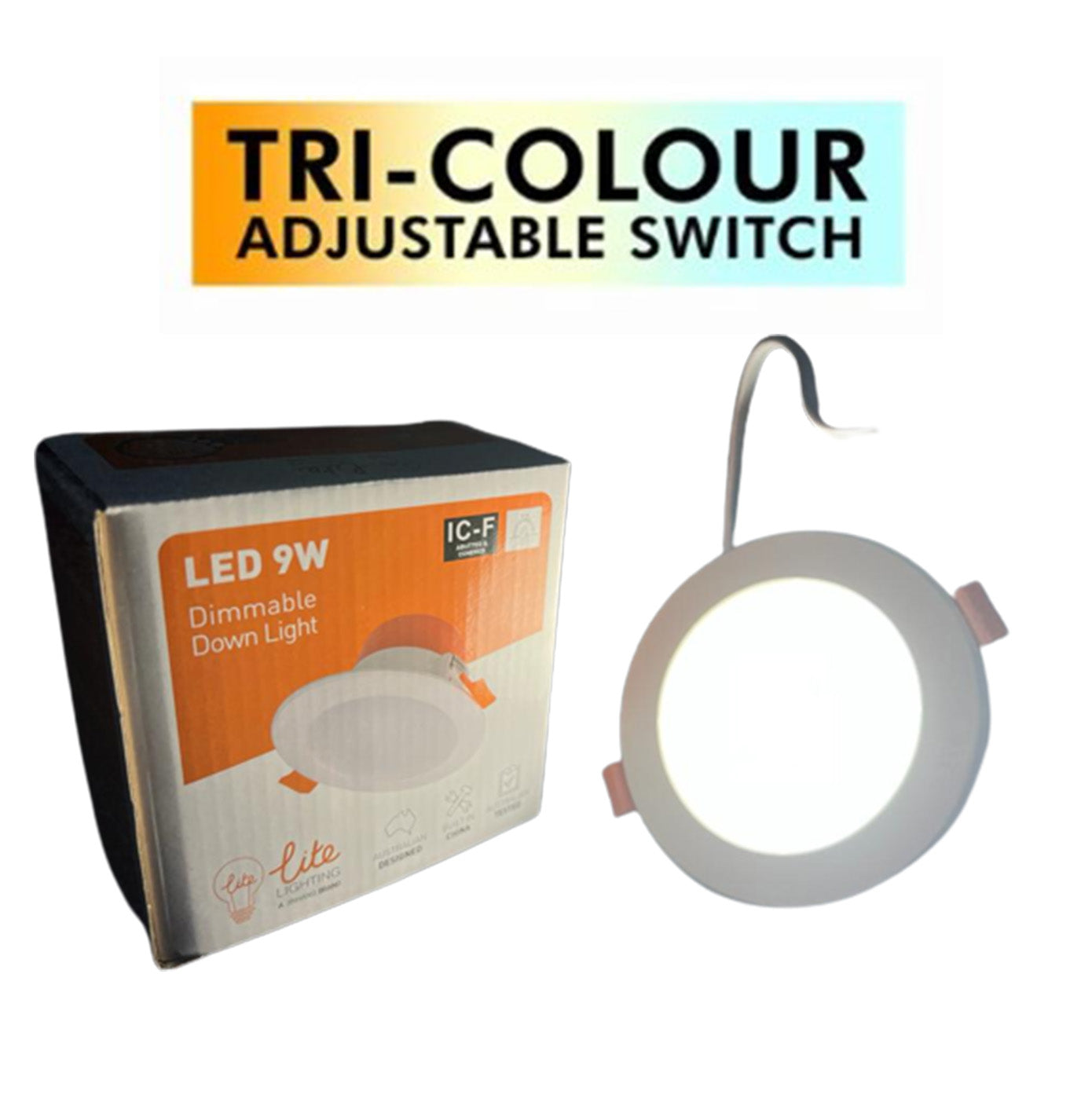 LED Downlight Tri-colour , Dimmable IC-F 9W + Plug base