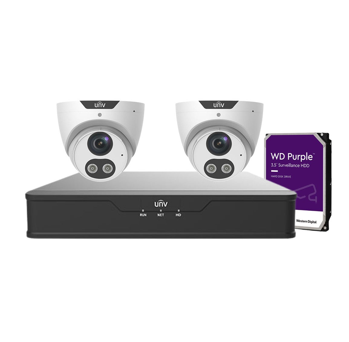 Uniview 2x 8 MP Camera (IPC3618SB-ADF28(40)KMC-I0) + 4 Channel NVR + HHD Camera Kit (NVR301-04X-P4 4-ch)