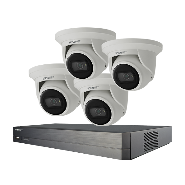 Wisenet Q Surveillance Kit, 4x Wisenet QNE-8011R / 5MP H.265 NW IR Flateye Camera, 4CH 8M H.265 NVR with PoE Switch + 2TB HDD.