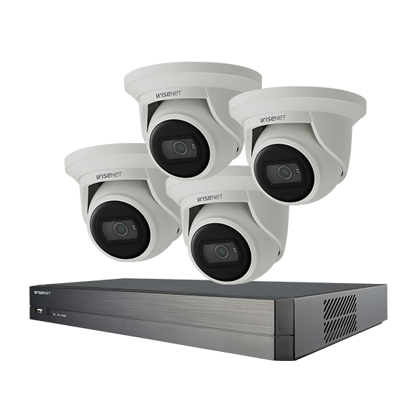 Hanwha Wisenet Q Surveillance Kit 4x Wisenet QNE-8011R / 5MP/ QNE-C9013RL / 8MP H.265 NW IR Flateye Camera, 8CH NVR with PoE + 4TB HDD