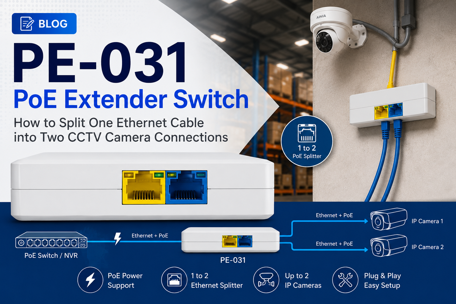 How to Split One Ethernet Cable into Two CCTV Camera Connections Using the PE-031 PoE Extender Switch