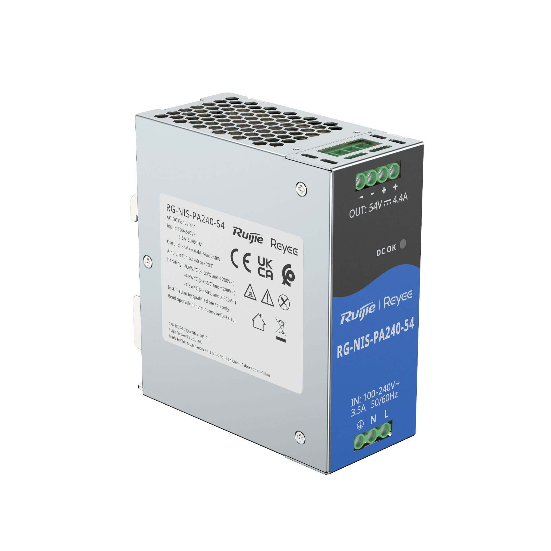 RG-NIS-PA Industrial Power Supply – RG-NIS-PA120-54 & RG-NIS-PA240-54, Fanless, 52V DC Output, Industrial-Grade Reliability