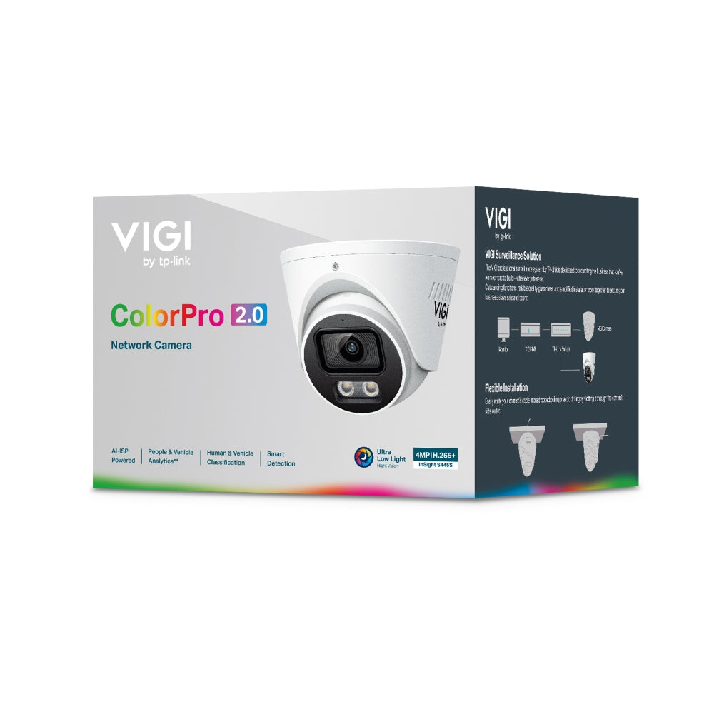 TP-Link VIGI InSight S445S 4MP ColourPro CCTV camera with low-light color night vision, IP67 weatherproof, PoE, and two-way audio.