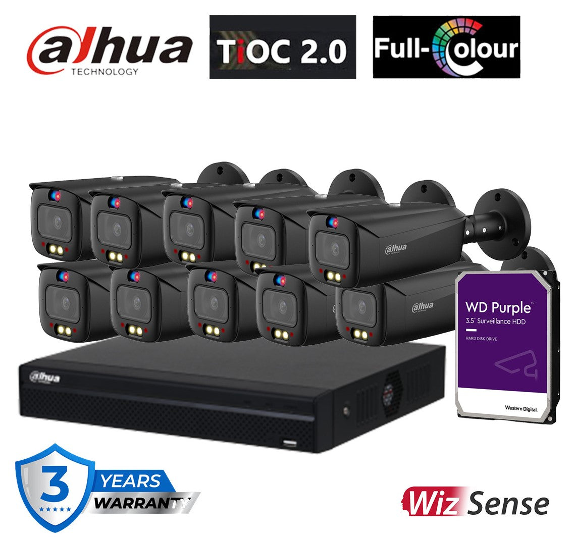 दहुआ TiOC सुरक्षा प्रणाली 10x 6MP बुलेट कैमरा (काला), 16CH WizSense NVR + HDD (DH-IPC-HFW3649T1-AS-PV-ANZ-BLK)