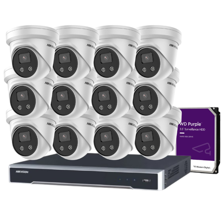 Hikvision 16-Channel 8MP CCTV Kit with 16 DS-2CD2386G2-ISU/SL Turret Cameras + DS-7616NI-M2/16P NVR + HDD – 4K AI Surveillance with PoE, DarkFighter, and Active Deterrence
