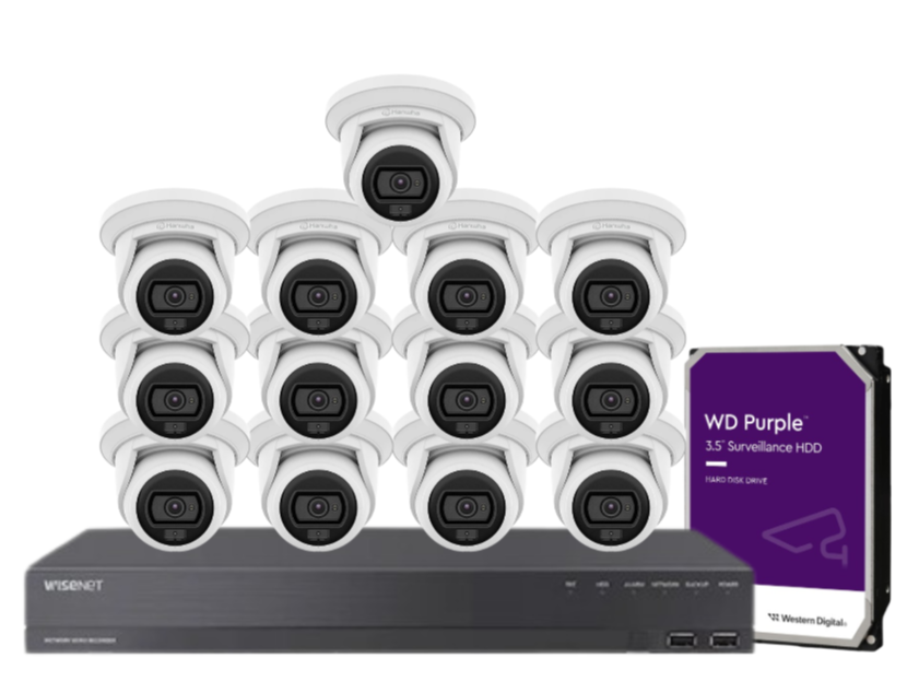Wisenet Hanwha x16 Camera CCTV Kit with 16 Channel 8MP NVR, 4MP Flateye Cameras A series + HDD – CT-ANE-L7012L / CT-ARN-1610S