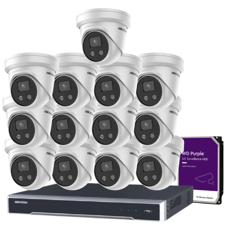 Hikvision 8MP CCTV Kit with 16 DS-2CD2386G2-I(U) Turret Cameras + 16-Channel PoE NVR DS-7616NI-M2/16P + HDD – AcuSense AI, Audio, 8K HDMI, IP67 Weatherproof