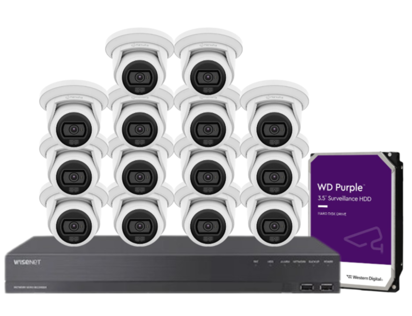 Wisenet Hanwha x16 Camera CCTV Kit with 16 Channel 8MP NVR, 4MP Flateye Cameras A series + HDD – CT-ANE-L7012L / CT-ARN-1610S