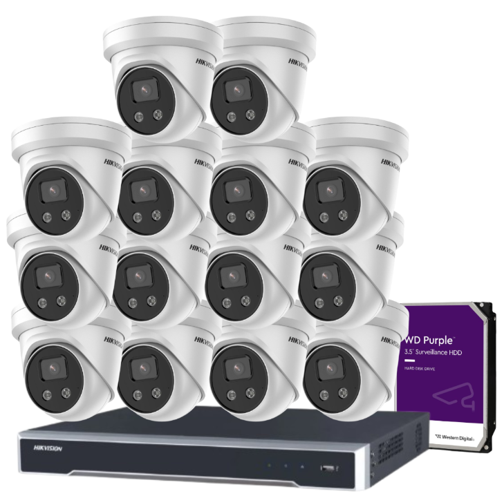 Hikvision 16-Channel 8MP CCTV Kit with 16 DS-2CD2386G2-ISU/SL Turret Cameras + DS-7616NI-M2/16P NVR + HDD – 4K AI Surveillance with PoE, DarkFighter, and Active Deterrence