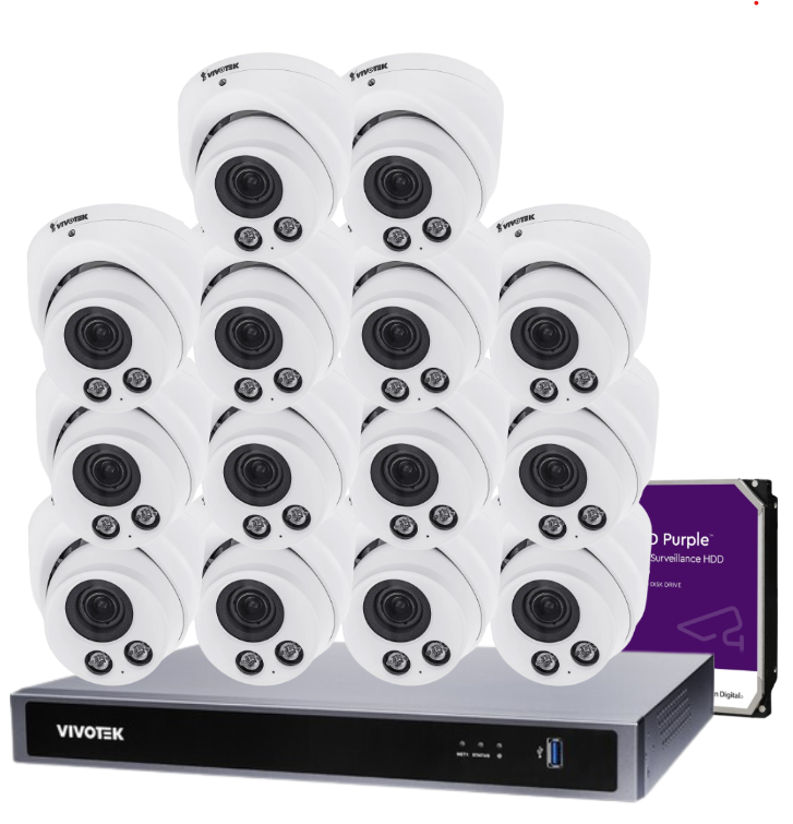 VIVOTEK IT9388-HT 16-Camera 5 MP Turret Dome CCTV Kit with ND9426P 16-Channel Core+ AI PoE NVR + HDD