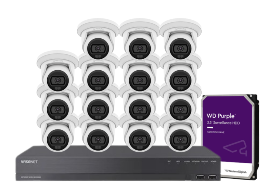 Wisenet Hanwha x16 Camera CCTV Kit with 16 Channel 8MP NVR, 4MP Flateye Cameras A series + HDD – CT-ANE-L7012L / CT-ARN-1610S