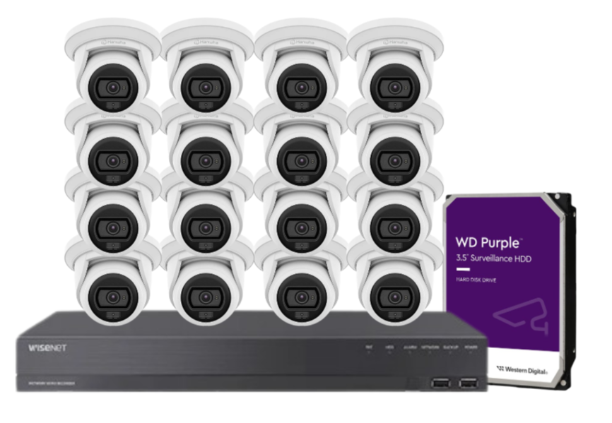 Wisenet Hanwha x16 Camera CCTV Kit with 16 Channel 8MP NVR, 4MP Flateye Cameras A series + HDD – CT-ANE-L7012L / CT-ARN-1610S