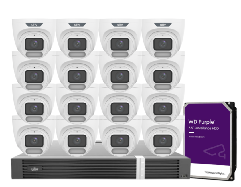Uniview OWLVIEW 8MP 4K Surveillance Kit – 16x Full-Color Turret Cameras + 16-Channel AI NVR with HDD| IPC3628LE-ADF28K-WP + NVR302-16E2-P16-IQ 0235C6QW | ColorHunter | PoE | Ultra 265