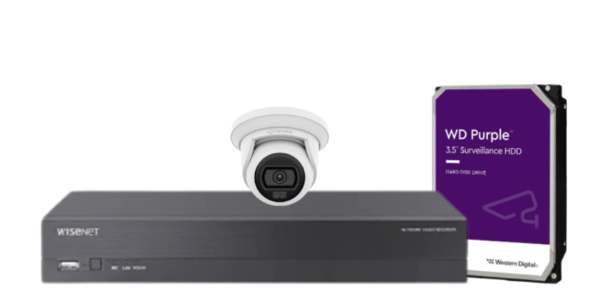Wisenet Hanwha x4 Camera CCTV Kit with 4 Channel 8MP NVR, 4MP Flateye Cameras A series + HDD – CT-ANE-L7012L / CT-ARN-410S