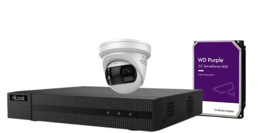 HiLook 4-Channel CCTV Kit with IPC-T289PH-MU/SL 8MP 180° Panoramic Cameras + 4K PoE NVR + HDD – IP67 Outdoor Surveillance System with Smart IR, Two-Way Audio & Deterrence