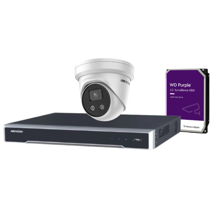Hikvision 8MP CCTV Kit with 4 DS-2CD2386G2-I(U) AcuSense Turret Cameras + 4-Channel NVR DS-7604NI-M1/4P + HDD – Audio-Enabled, DarkFighter, IP67, 4K Surveillance