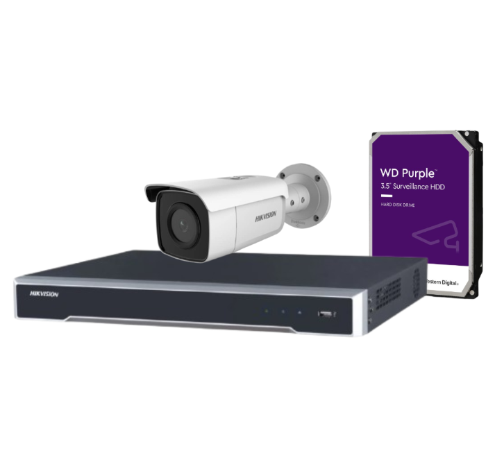 Hikvision 8MP CCTV Kit with 4 DS-2CD2T86G2-2I/4I IR Bullet Cameras + 4-Channel PoE NVR DS-7604NI-M1/4P + HDD – AcuSense, DarkFighter, IP67 Outdoor-Rated