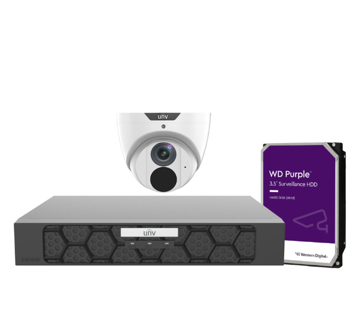 Uniview 4× IPC3618LE‑ADF28K‑GM 8MP Cameras + NVR501‑04B‑P4 4-Channel 4K PoE Recorder with HDD – Premium Surveillance Kit for Australia