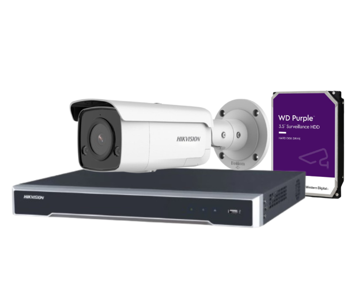 Hikvision 4-Channel CCTV Kit with 4 DS-2CD2T86G2-ISU/SL 8MP AcuSense Cameras + DS-7604NI-M1/4P PoE NVR + HDD – Built-in Strobe & Audio Alarm, DarkFighter, IP66