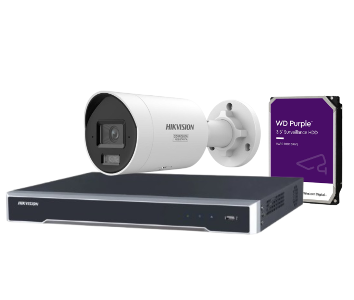 Hikvision 4-Channel 8MP CCTV Kit with DS-2CD2087G3-LI2UY/S(L)(RB) Smart Hybrid Light Bullet Cameras + DS-7604NI-M1/4P NVR + HDD – Full-Color Night Vision, Two-Way Audio, PoE