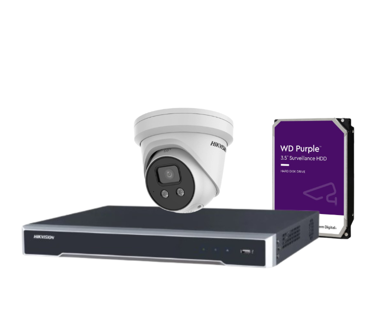 Hikvision 6MP AcuSense Turret CCTV Kit with 4-Channel NVR | DS-2CD2366G2-ISU/SL Cameras + DS-7604NI-M1/4P Recorder + HDD | Built-in Mic, Strobe & Audible Warning | IP67