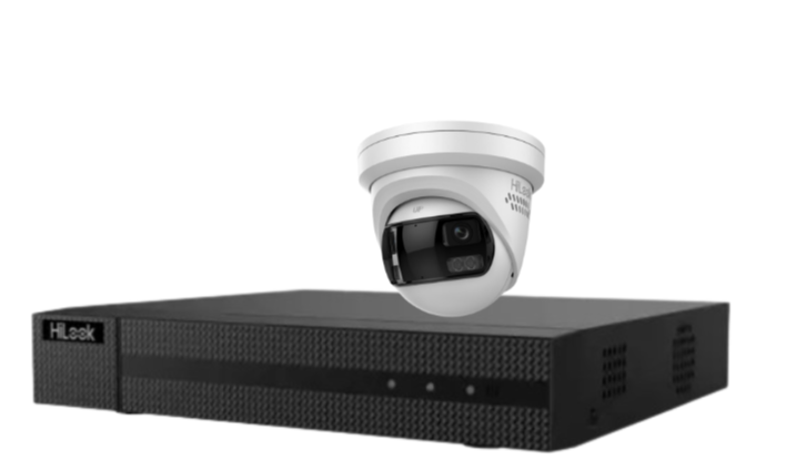 HiLook 4-Channel CCTV Kit with IPC-T289PH-MU/SL 8MP 180° Panoramic Cameras + 4K PoE NVR + HDD – IP67 Outdoor Surveillance System with Smart IR, Two-Way Audio & Deterrence