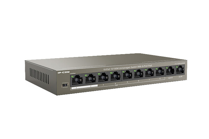 IP-COM 8-Port PoE+ Switch | 63W Total Capacity | 2x 100M Uplink | L2 Unmanaged | 51VDC | Brown