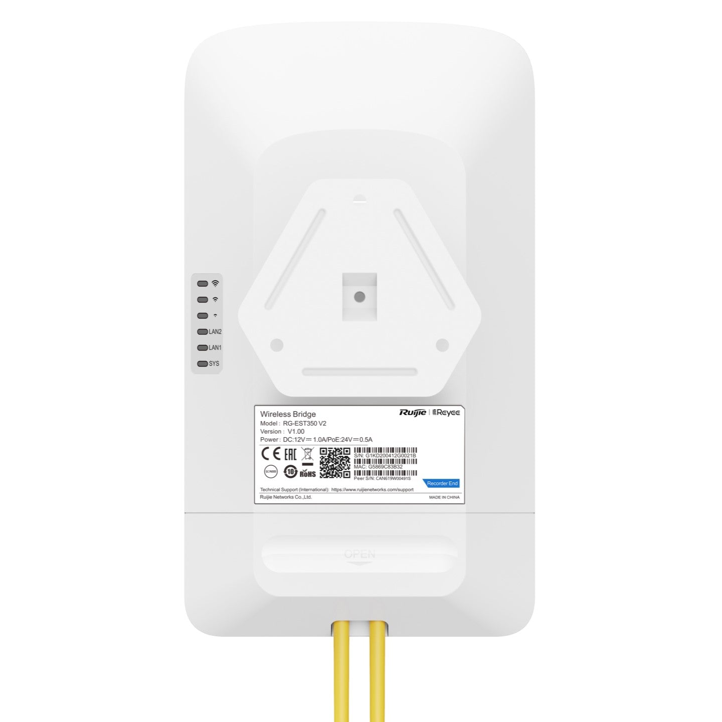 Ruijie RG-EST350 V2 Wireless Bridge – 5GHz Dual-Stream 802.11ac, 5KM Long-Range PTP Transmission, 2 GE Ports, IP54 Outdoor Rated, PoE Powered