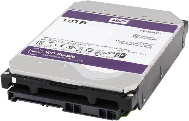 Western Digital Purple 10TB surveillance hard drive with 3.5-inch SATA, AI optimization, 64-camera support, and 3-year warranty.