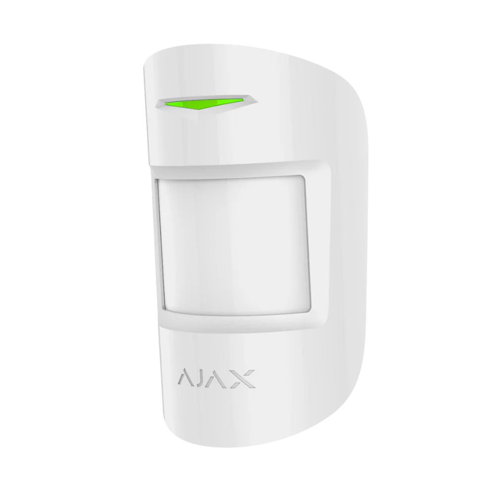 Ajax MotionProtect Jeweller wireless PIR motion detector in white and black for indoor security, part of Ajax alarm system.