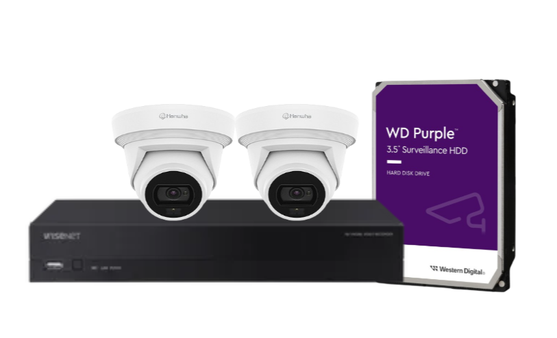 Hanwha Vision x4 Q-Core 8MP AI FlatEye Camera Kit with 4-Channel NVR & HDD – HV-QNE-C9013RLOS