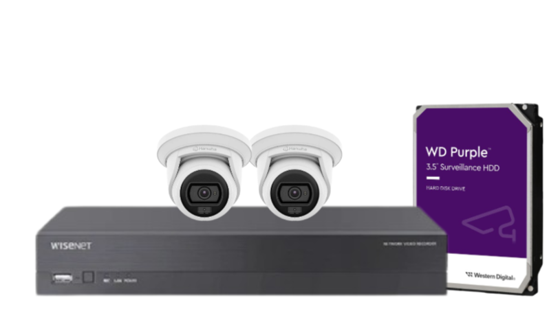 Wisenet Hanwha x4 Camera CCTV Kit with 4 Channel 8MP NVR, 4MP Flateye Cameras A series + HDD – CT-ANE-L7012L / CT-ARN-410S