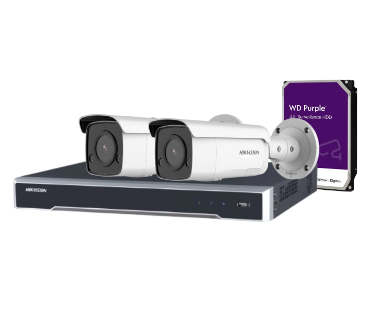 Hikvision 4-Channel CCTV Kit with 4 DS-2CD2T86G2-ISU/SL 8MP AcuSense Cameras + DS-7604NI-M1/4P PoE NVR + HDD – Built-in Strobe & Audio Alarm, DarkFighter, IP66