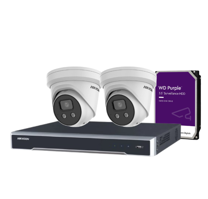 Hikvision 6MP AcuSense Turret CCTV Kit with 4-Channel NVR | DS-2CD2366G2-ISU/SL Cameras + DS-7604NI-M1/4P Recorder + HDD | Built-in Mic, Strobe & Audible Warning | IP67