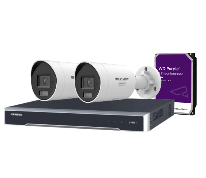 Hikvision 4-Channel 8MP CCTV Kit with DS-2CD2087G3-LI2UY/S(L)(RB) Smart Hybrid Light Bullet Cameras + DS-7604NI-M1/4P NVR + HDD – Full-Color Night Vision, Two-Way Audio, PoE