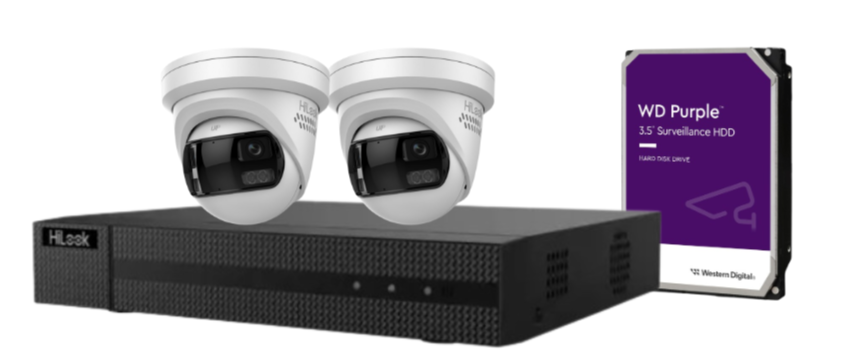 HiLook 4-Channel CCTV Kit with IPC-T289PH-MU/SL 8MP 180° Panoramic Cameras + 4K PoE NVR + HDD – IP67 Outdoor Surveillance System with Smart IR, Two-Way Audio & Deterrence