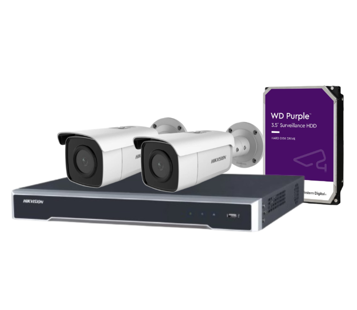 Hikvision 8MP CCTV Kit with 4 DS-2CD2T86G2-2I/4I Bullet Cameras + 4-Channel PoE NVR DS-7604NI-M1/4P + HDD – AcuSense, DarkFighter, IP67 Rated