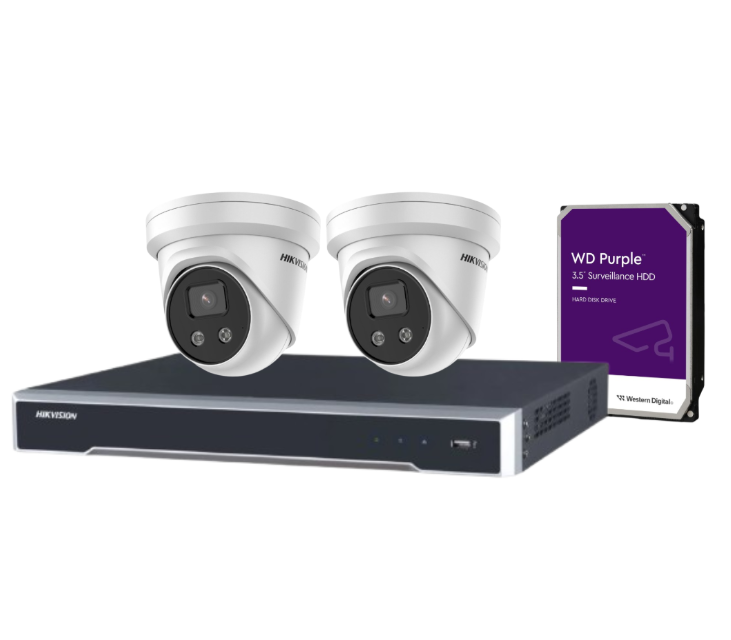 Hikvision 8MP CCTV Kit with 4 DS-2CD2386G2-I(U) AcuSense Turret Cameras + 4-Channel NVR DS-7604NI-M1/4P + HDD – Audio-Enabled, DarkFighter, IP67, 4K Surveillance
