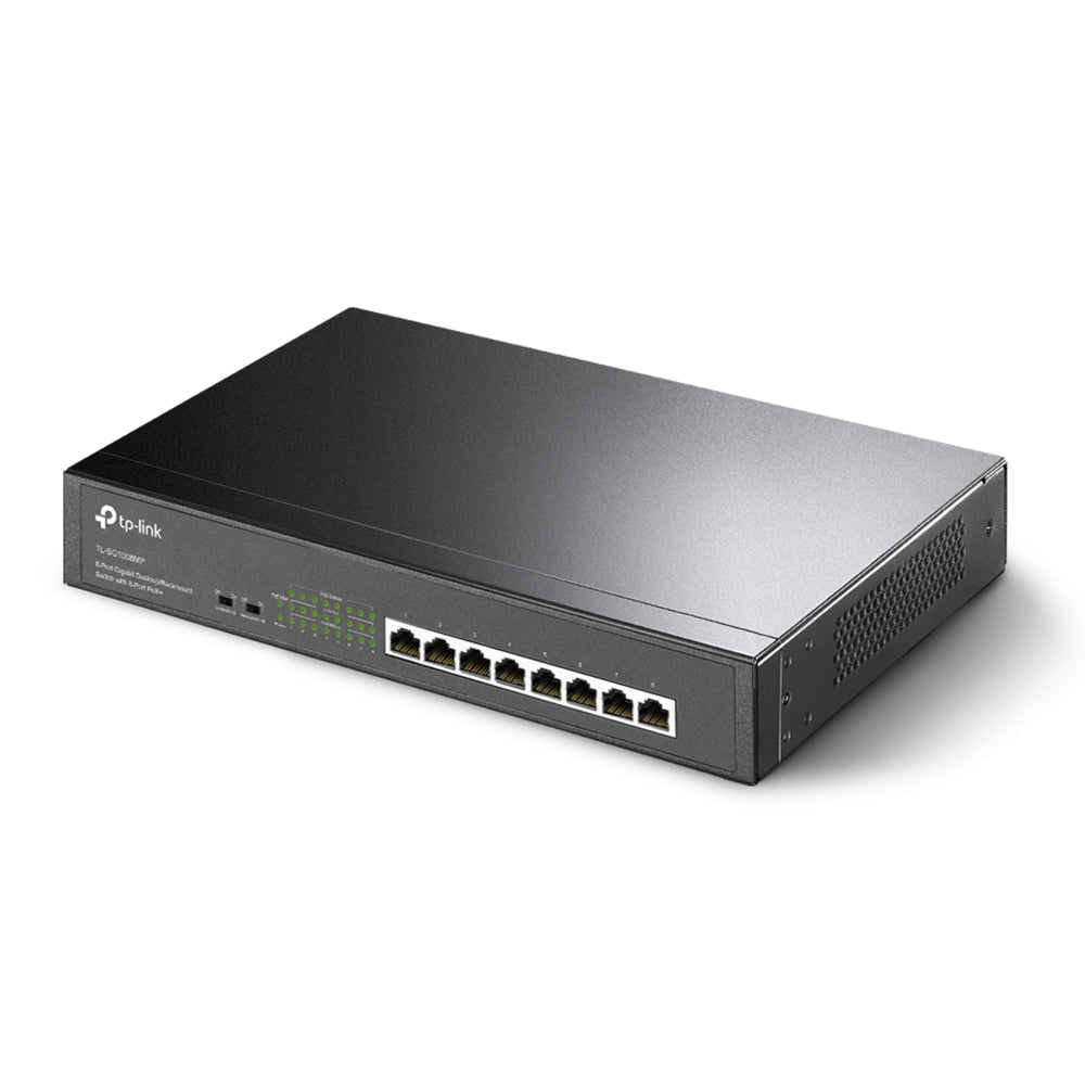 TP-Link TL-SG1008MP 8-Port Gigabit Desktop/Rackmount Switch with 8 PoE+ Ports, 153W Budget, Extend Mode, PoE Auto Recovery – Ideal for SMB, Surveillance, and Smart Home Networks