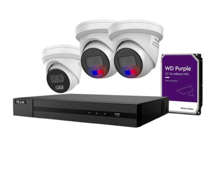 HiLook 6MP AI Fixed Turret CCTV Kit with Dual Microphone, Strobe Light, and 4K PoE NVR – IPC-T269H-MU/SL, IPC-T361H-MU-AUS, NVR-108MH-C/8P, NVR-104MH-C/4P