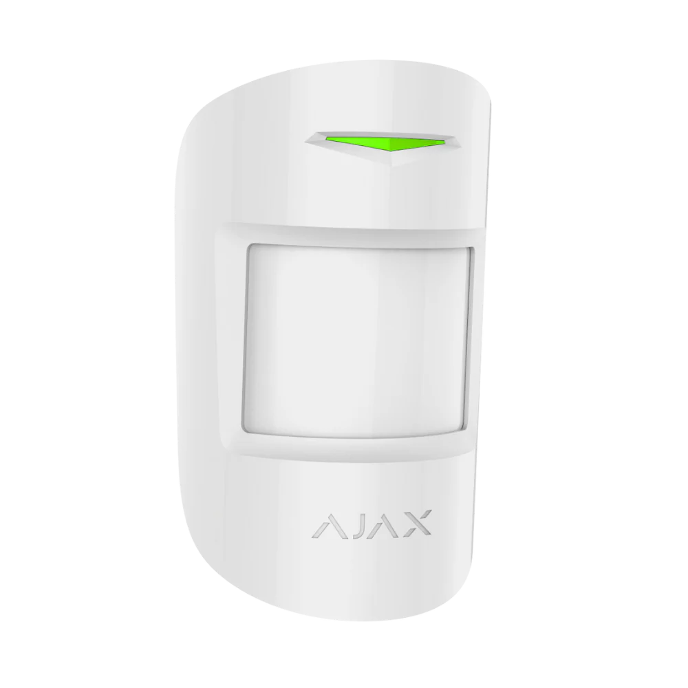 Ajax MotionProtect Jeweller wireless PIR motion detector in white and black for indoor security, part of Ajax alarm system.
