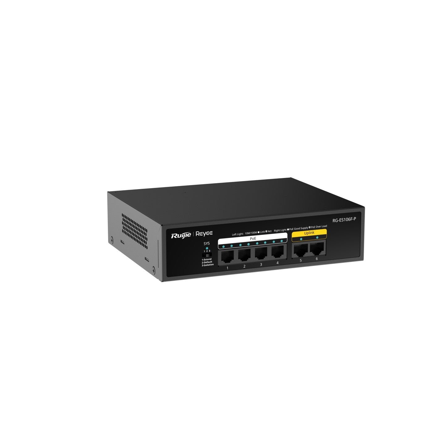RG-ES106F-P 6-Port 10/100 Mbps Unmanaged PoE Switch – 4 PoE+ Ports, Fanless, Ideal for Surveillance & Small Office Networking