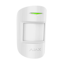 Ajax MotionProtect Plus Jeweller wireless PIR motion detector in white and black for indoor security, with dual technology sensors.