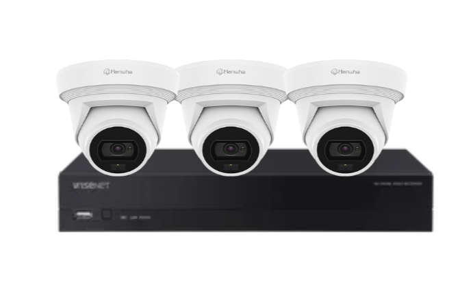 Hanwha Vision x4 Q-Core 8MP AI FlatEye Camera Kit with 4-Channel NVR & HDD – HV-QNE-C9013RLOS