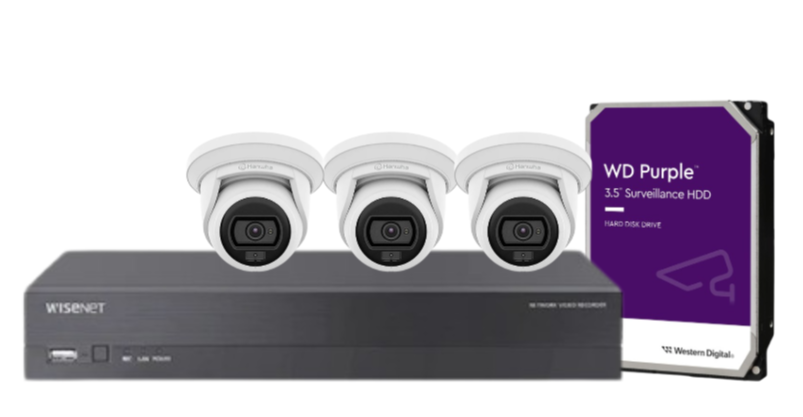 Wisenet Hanwha x4 Camera CCTV Kit with 4 Channel 8MP NVR, 4MP Flateye Cameras A series + HDD – CT-ANE-L7012L / CT-ARN-410S
