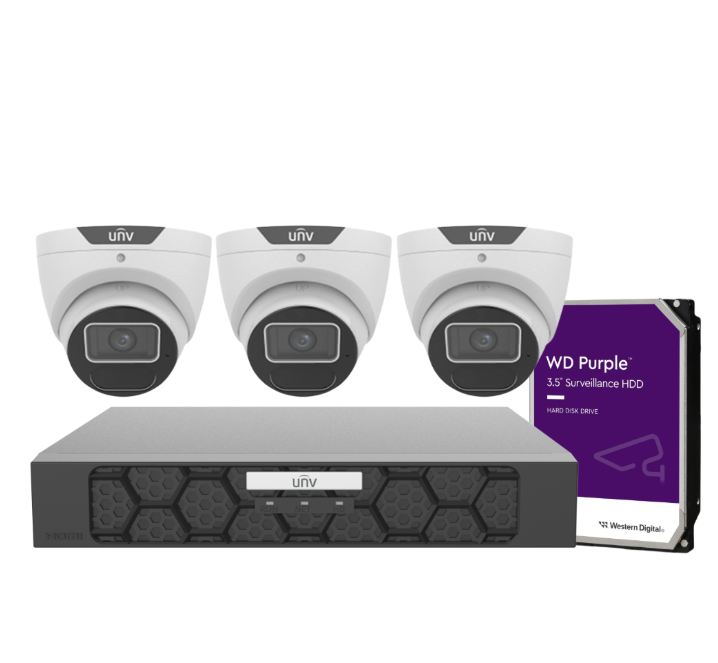 Uniview CCTV 8MP Kit – 4× IPC3618SS‑ADF28K‑I1 Turret Cameras + 4‑Channel Ultra265 PoE NVR（NVR501‑04B‑P4‑IQ）, Includes HDD