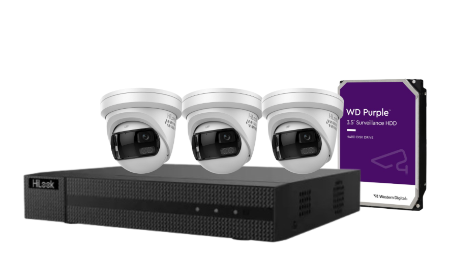 HiLook 4-Channel CCTV Kit with IPC-T289PH-MU/SL 8MP 180° Panoramic Cameras + 4K PoE NVR + HDD – IP67 Outdoor Surveillance System with Smart IR, Two-Way Audio & Deterrence