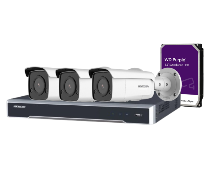 Hikvision 4-Channel CCTV Kit with 4 DS-2CD2T86G2-ISU/SL 8MP AcuSense Cameras + DS-7604NI-M1/4P PoE NVR + HDD – Built-in Strobe & Audio Alarm, DarkFighter, IP66