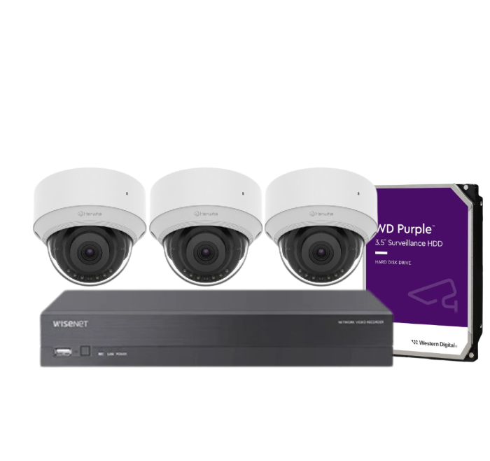 Hanwha Wisenet 4‑Camera CCTV Kit with 5 MP QND‑C8013R AI Dome Cameras & 4‑CH CT‑XRN‑420S PoE AI NVR (HDD Included)